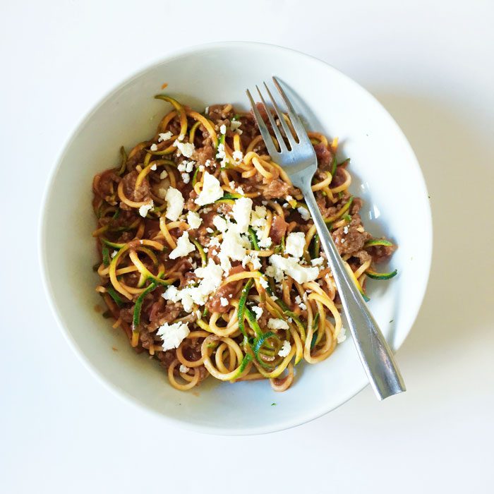 Courgetti with beef sauce and feta