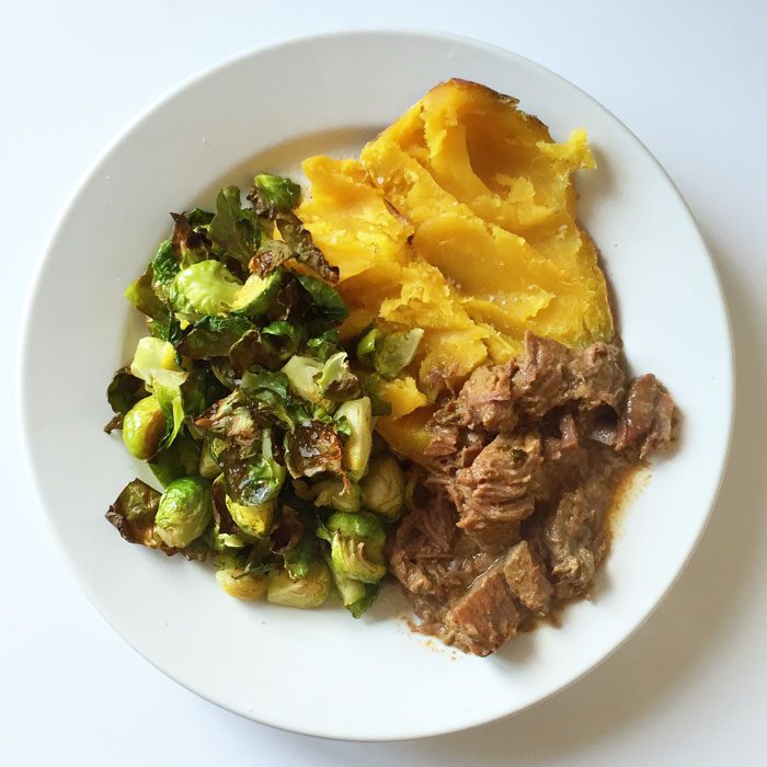 Slow cooked beef with sweet potato and brussel sprouts