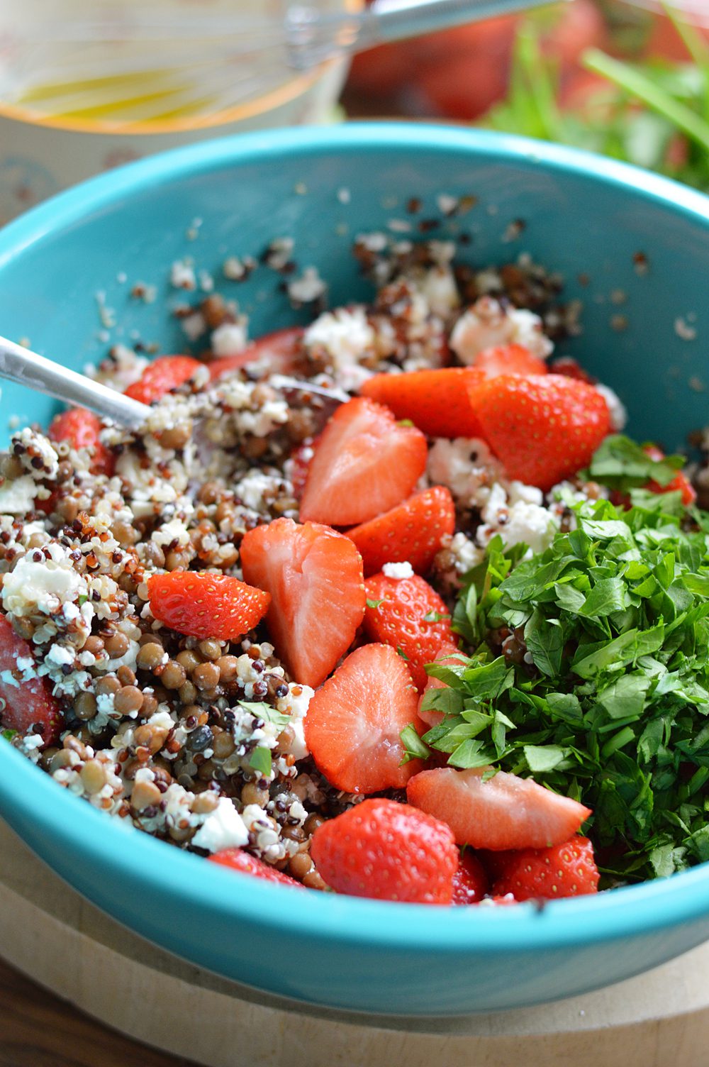feta strawberry salad with lentils and quinoa