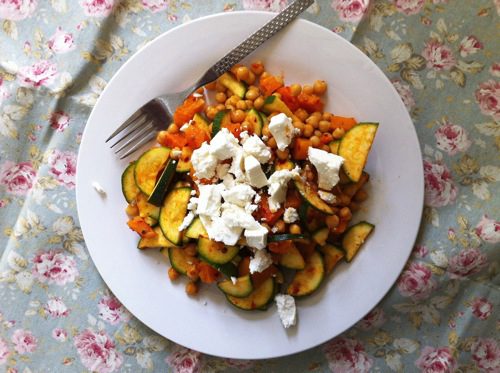 Taco Turkey Chilli, and Warm Harissa Chickpea, Butternut and Courgette Salad