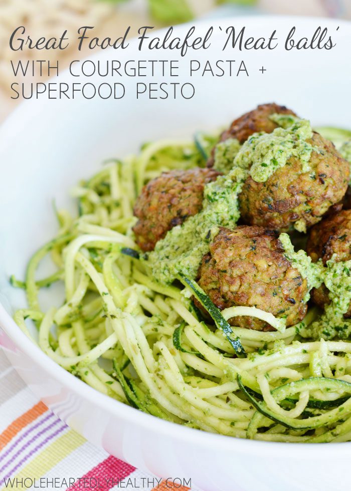 Great Food Falafel Meatballs with Courgette Pasta and Superfood Pesto