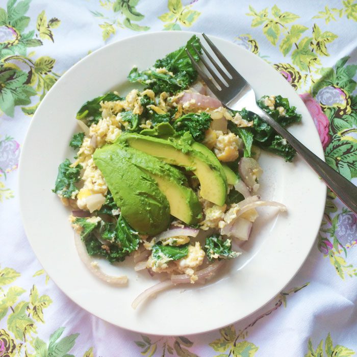 Kale and red onion scrambled with avocado