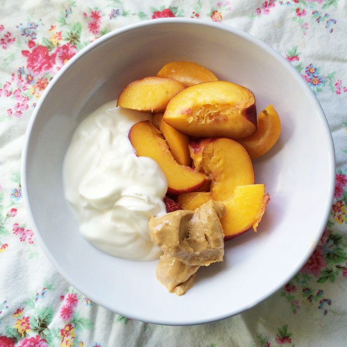 Nectarines yoghurt and whte choc peanut butter