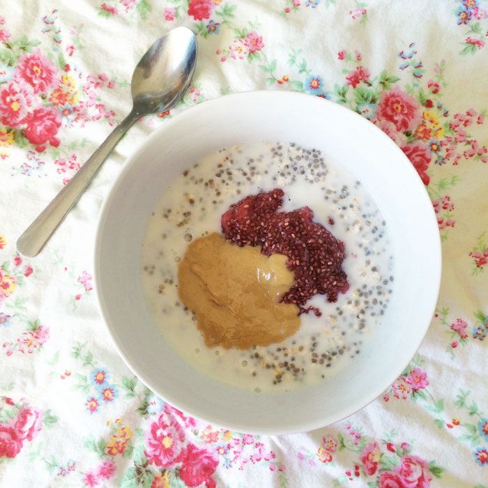 Overnight chia oats with tahini and chia jam