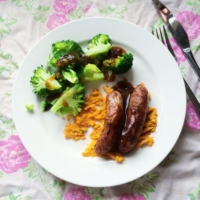 Sausages sweet potato mash broccoli gravy