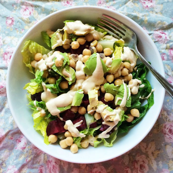 Chickpea beetroot avocado salad with tahini dressing