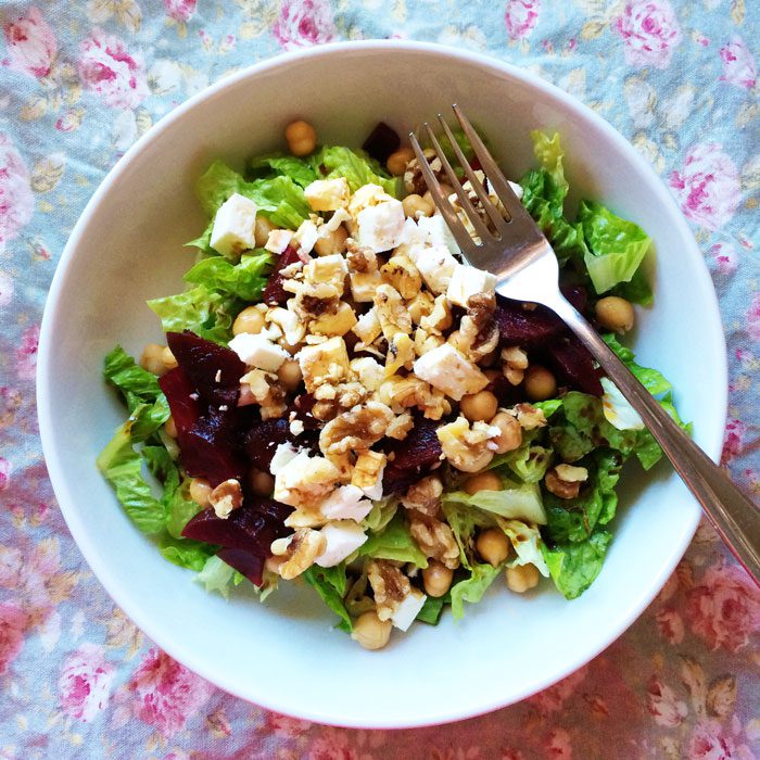 Chickpea feta beet and walnut salad