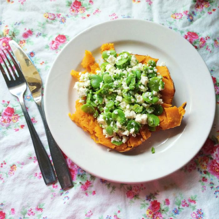 Sweet potato with feta and broadbean mash