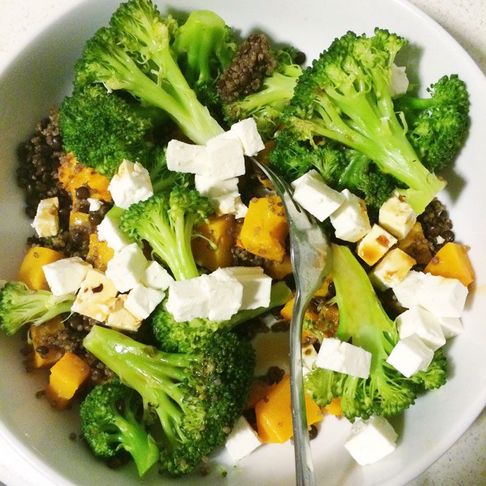 Broccoli roast squash quinoa feta bowl