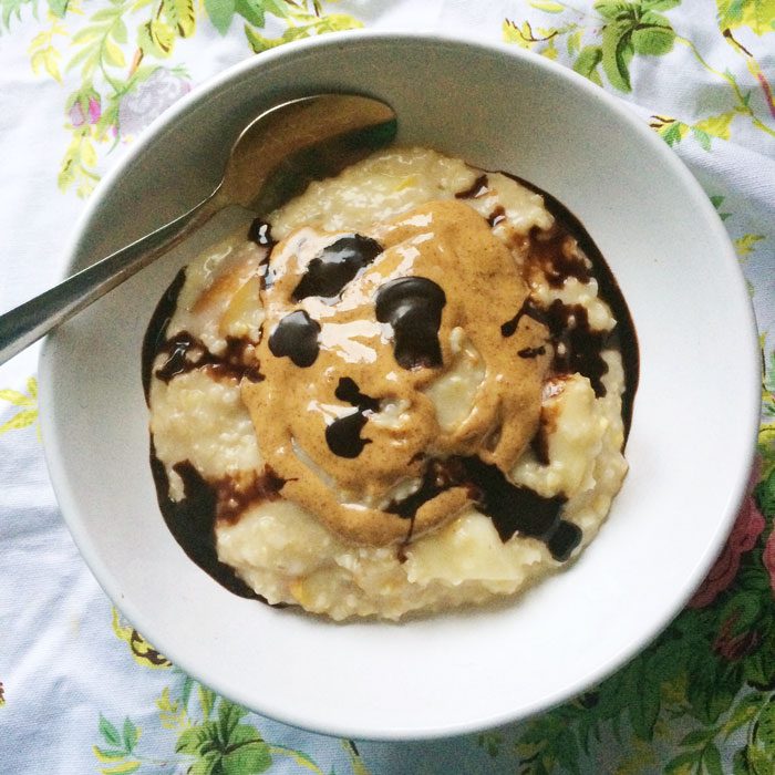 Pear and ginger oats with choc sauce