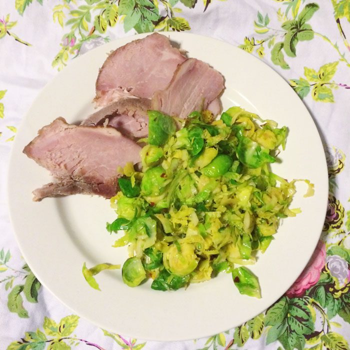 Gammon with stir fried brussels
