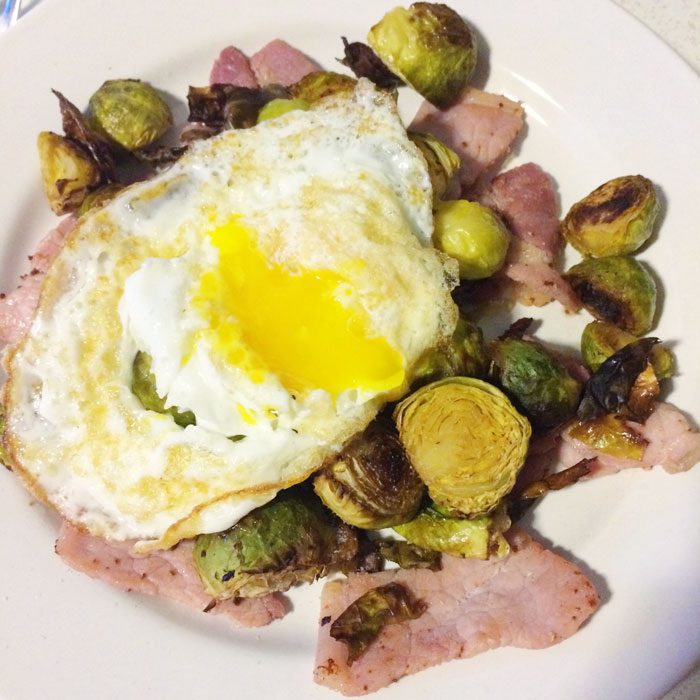 Fried egg brussels sprout and bacon hash