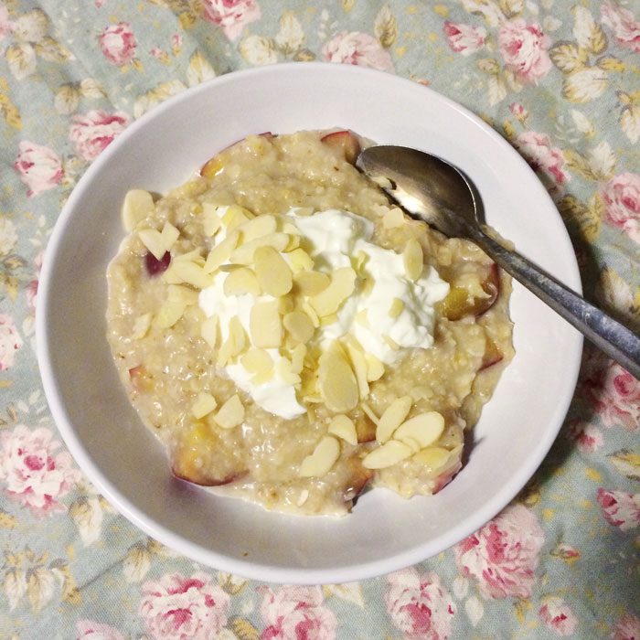 Plum almond porridge with greek yoghurt