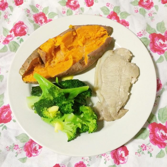Pork steak sweet potato and broccoli