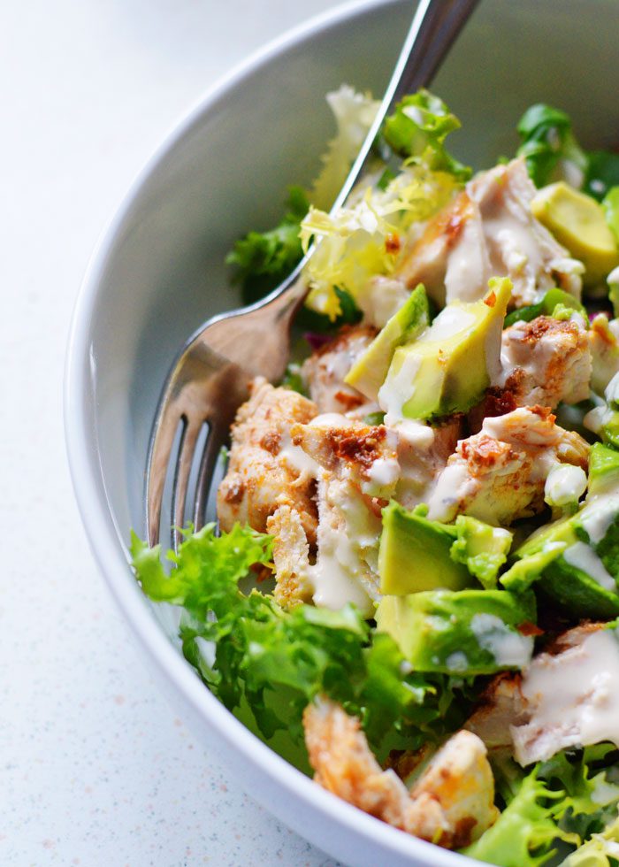 Quick and Easy Eats: Harissa Chicken Salad with Avocado and Lemon Tahini Dressing