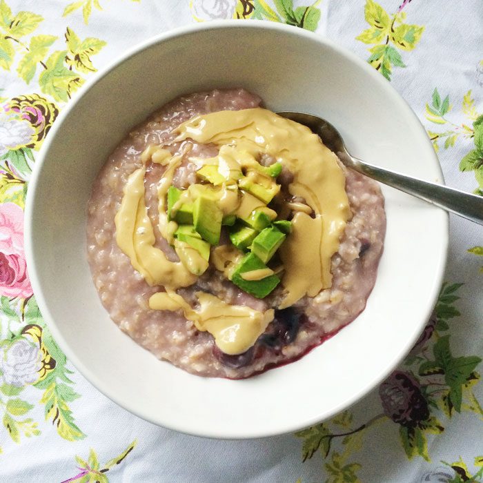 Cherry porridge with avocado and tahini