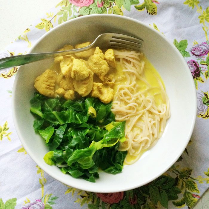 Chicken curry with brown rice noodles