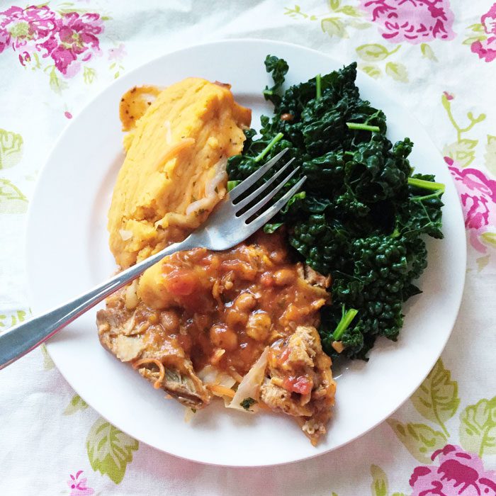 Pulled pork and sweet potato with kale