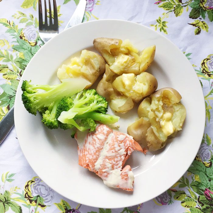 Salmon new potatoes broccoli