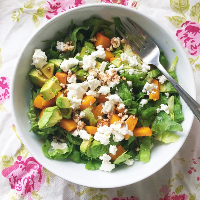 Squash feta and avocado salad