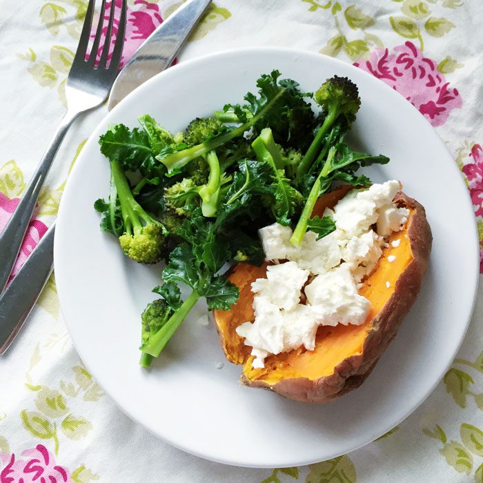 Sweet potato with feta and broccoli