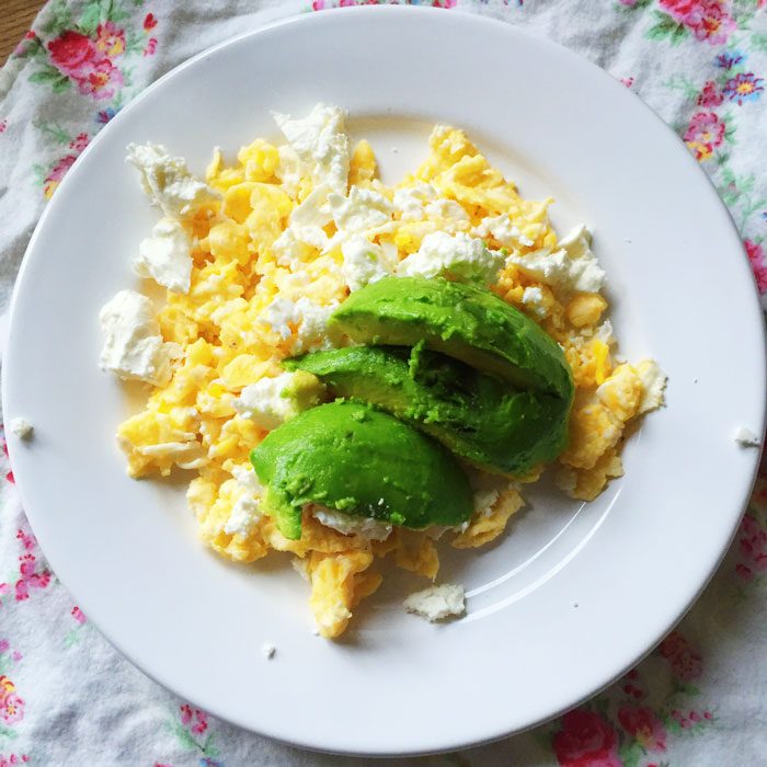 Scrambled eggs with feta and avocado