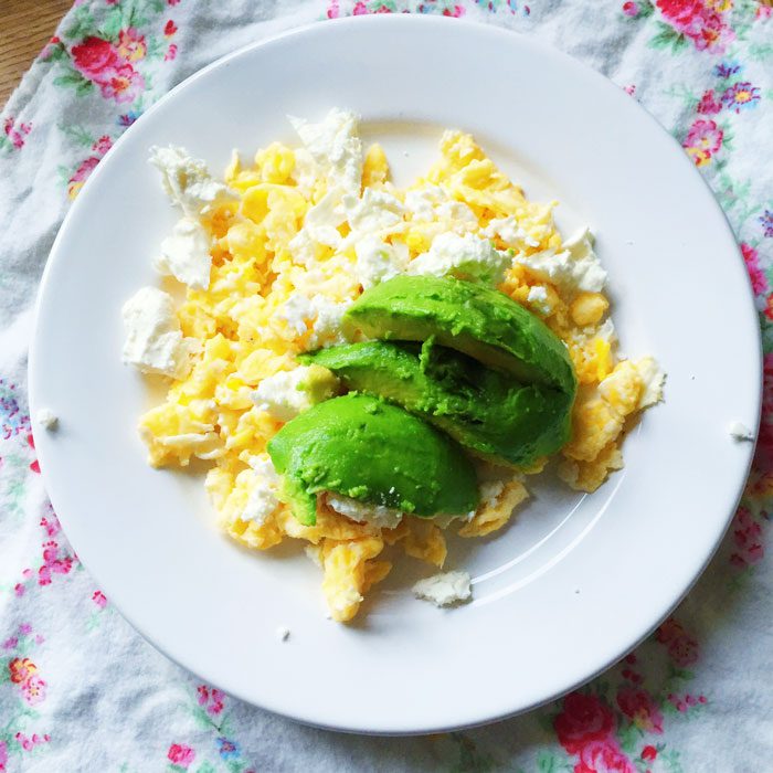 Scrambled eggs with feta and avocado