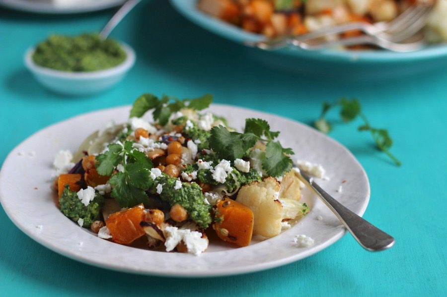 Squash, Cauliflower and Toasted Chickpea Salad with Coriander Pesto and Feta (Guest post from Ceri Jones Natural Kitchen Adventures)