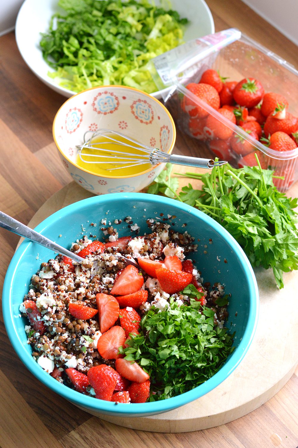 feta strawberry salad with lentils and quinoa