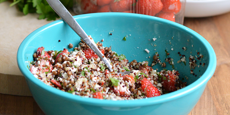 Feta strawberry salad with lentils and quinoa
